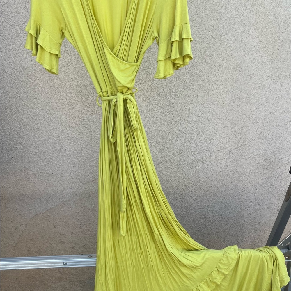 Boho yellow Maxi wrap Dress with Ruffled Sleeves